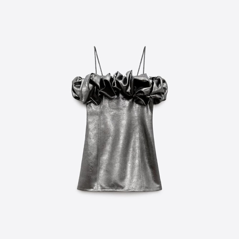 NWT Zara metallic silver shine effect voluminous ruffle detail mini dress, M - Picture 4 of 10